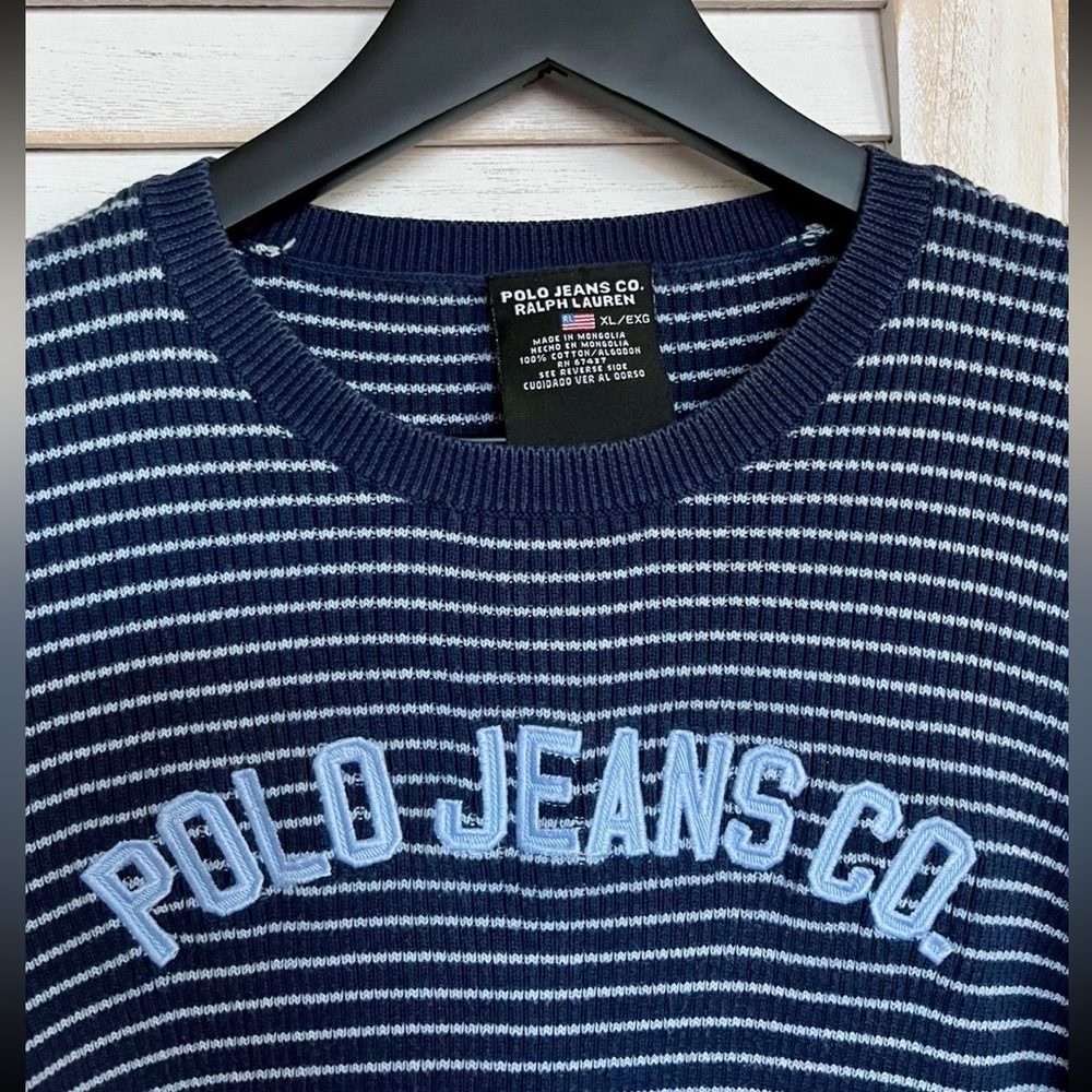 Ralph Lauren Polo Jeans Knit Sweater Ribbed Striped Logo Blue XS S Navy Blue - Picture 2 of 4
